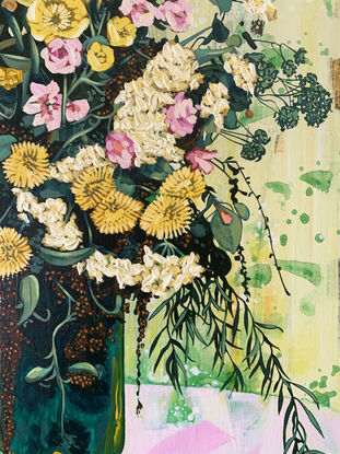 A framed, expressive still life painting of entangled flora in greens, yellows, pinks and whites.