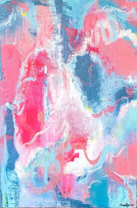 Bold expresionist coloured artwork using hues of predominantly pink with blues  contrasting.