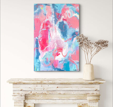 Bold expresionist coloured artwork using hues of predominantly pink with blues  contrasting.