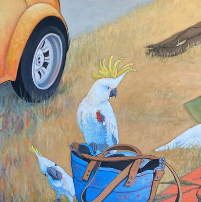 Picnic beside parked car on a country road with Australian birds and animals.