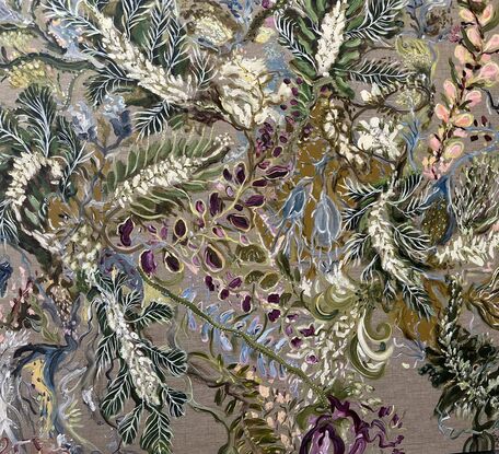 Leaves and foliage  with Purple flowers  on Linen



