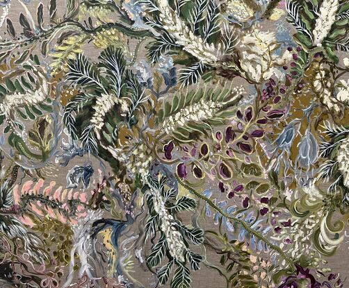 Leaves and foliage  with Purple flowers  on Linen



