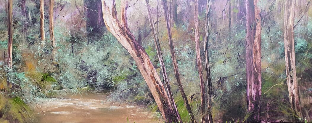 Extra large, long wide landscape painting by Victoria Collins, showing middle-storey of a sapling forest with tannin creek. Features layers of delicate marks from very dark aubergine purple and chocolate brown to ochre, pale teal and peach tones.