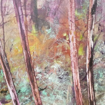 Extra large, long wide landscape painting by Victoria Collins, showing middle-storey of a sapling forest with tannin creek. Features layers of delicate marks from very dark aubergine purple and chocolate brown to ochre, pale teal and peach tones.