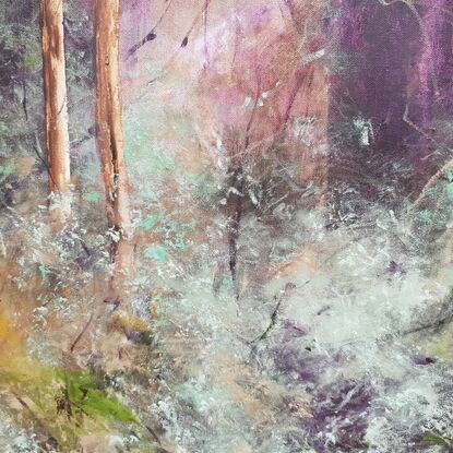 Extra large, long wide landscape painting by Victoria Collins, showing middle-storey of a sapling forest with tannin creek. Features layers of delicate marks from very dark aubergine purple and chocolate brown to ochre, pale teal and peach tones.