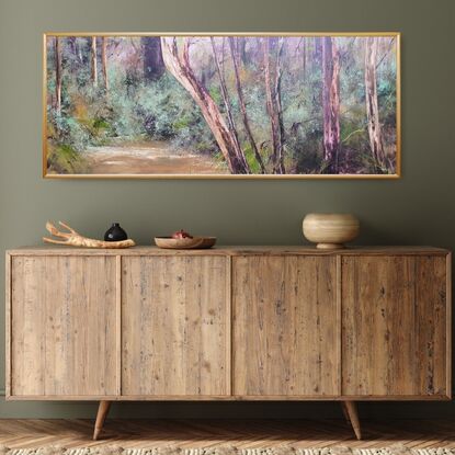 Extra large, long wide landscape painting by Victoria Collins, showing middle-storey of a sapling forest with tannin creek. Features layers of delicate marks from very dark aubergine purple and chocolate brown to ochre, pale teal and peach tones.