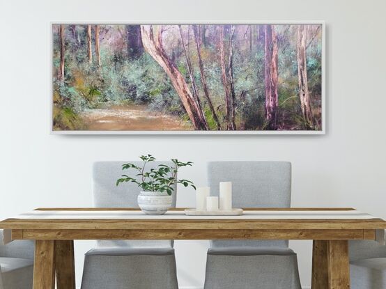 Extra large, long wide landscape painting by Victoria Collins, showing middle-storey of a sapling forest with tannin creek. Features layers of delicate marks from very dark aubergine purple and chocolate brown to ochre, pale teal and peach tones.