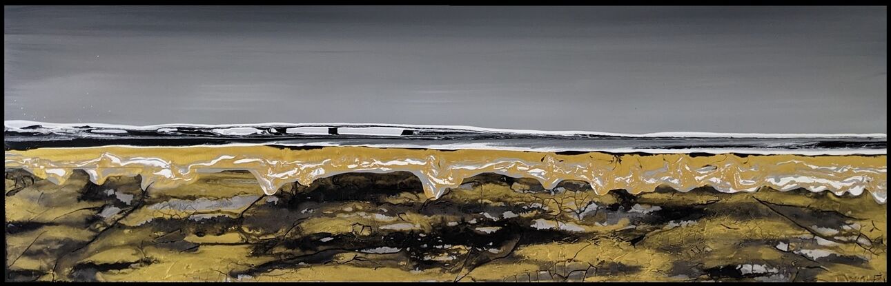 A textured panoramic abstract seascape in black gold grey and white