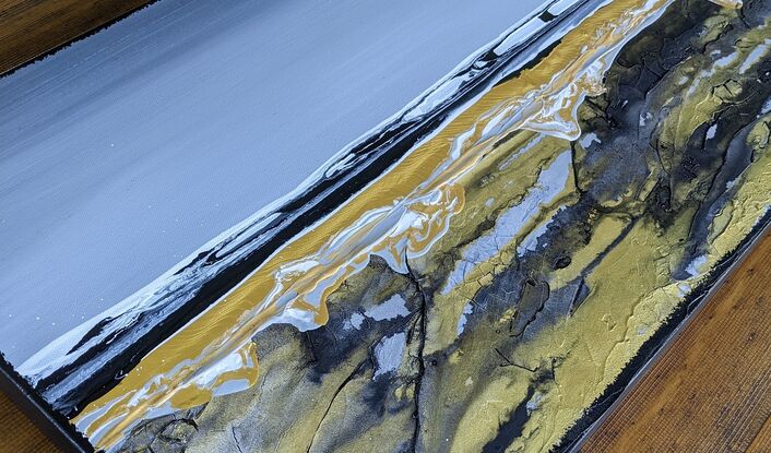 A textured panoramic abstract seascape in black gold grey and white