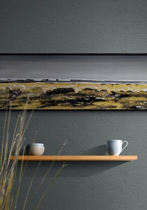 A textured panoramic abstract seascape in black gold grey and white