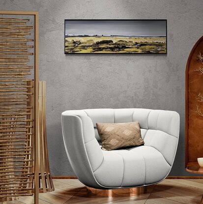 A textured panoramic abstract seascape in black gold grey and white