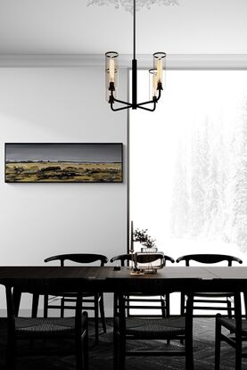 A textured panoramic abstract seascape in black gold grey and white