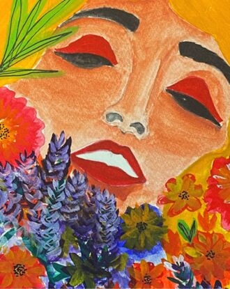 The woman’s face, with striking red eye makeup, stands out against the warm background, creating a compelling contrast that draws you in. 

The flowers, in rich purples, reds, and oranges, symbolize the beauty and strength of women. The light and shadow play adds a dynamic quality to the painting, making it feel alive. 

This piece is my tribute to the multifaceted nature of women, blending their grace and resilience with the delicate beauty of nature.
