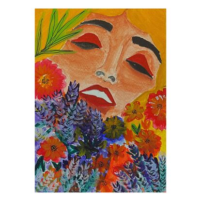 The woman’s face, with striking red eye makeup, stands out against the warm background, creating a compelling contrast that draws you in. 

The flowers, in rich purples, reds, and oranges, symbolize the beauty and strength of women. The light and shadow play adds a dynamic quality to the painting, making it feel alive. 

This piece is my tribute to the multifaceted nature of women, blending their grace and resilience with the delicate beauty of nature.
