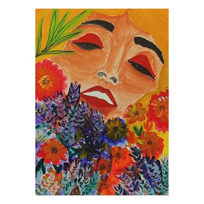 The woman’s face, with striking red eye makeup, stands out against the warm background, creating a compelling contrast that draws you in. 

The flowers, in rich purples, reds, and oranges, symbolize the beauty and strength of women. The light and shadow play adds a dynamic quality to the painting, making it feel alive. 

This piece is my tribute to the multifaceted nature of women, blending their grace and resilience with the delicate beauty of nature.
