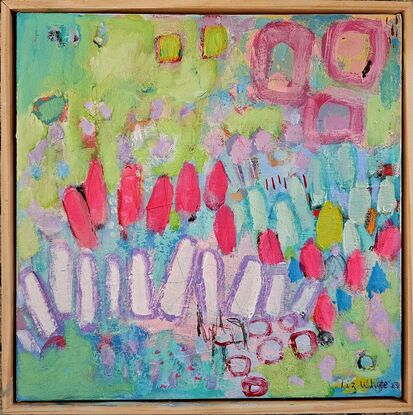 Square painting with picket fence and impressionistic light green in top right corner, teal and lipstick pink marks, 