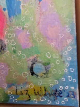 Square painting with picket fence and impressionistic light green in top right corner, teal and lipstick pink marks, 