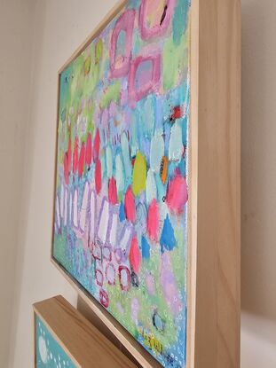 Square painting with picket fence and impressionistic light green in top right corner, teal and lipstick pink marks, 