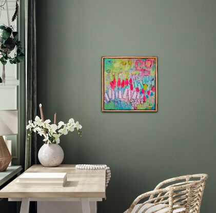 Square painting with picket fence and impressionistic light green in top right corner, teal and lipstick pink marks, 