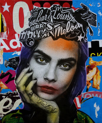 A colourful mixed media portrait of a woman in street art style.