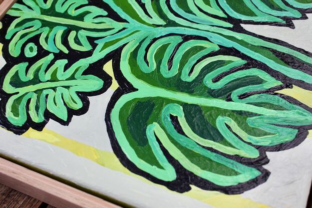 Abstract painting of monstera plant in green with yellow background.