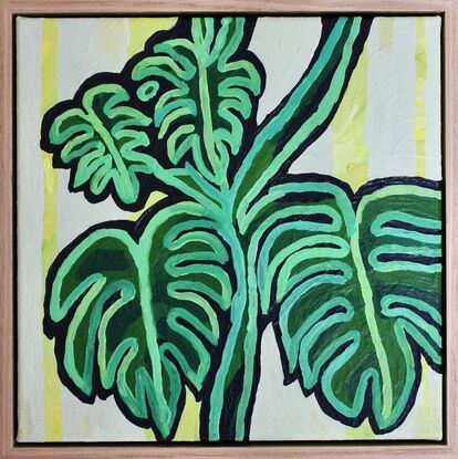 Abstract painting of monstera plant in green with yellow background.