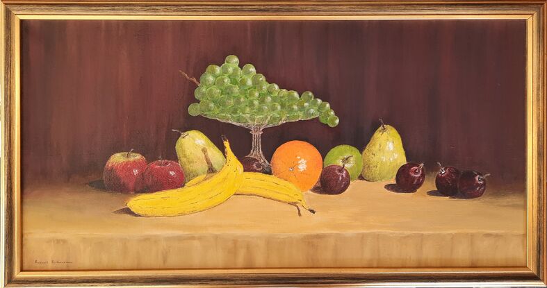 Still Life,  fruits, bananas, grapes, pears, apples, orange, plums