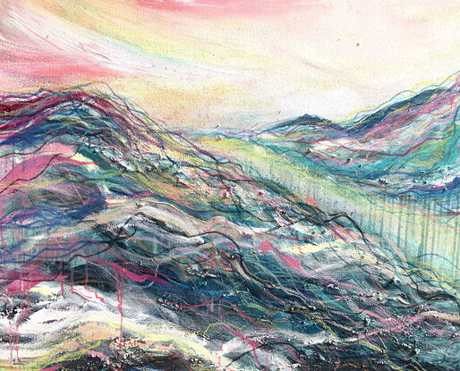 Large blue and pink Abstract landscape artwork by Sydney artist Leni Kae. 