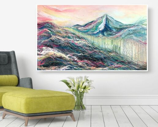 Large blue and pink Abstract landscape artwork by Sydney artist Leni Kae. 