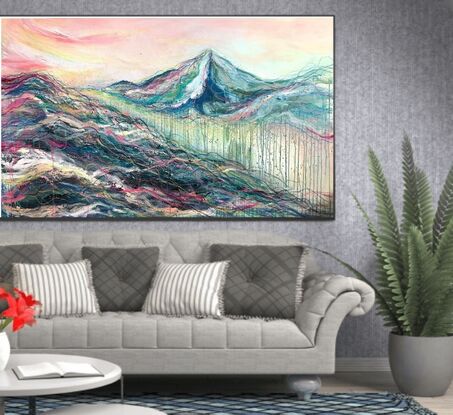 Large blue and pink Abstract landscape artwork by Sydney artist Leni Kae. 