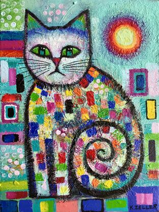 Quirky, colourful , seated cat .