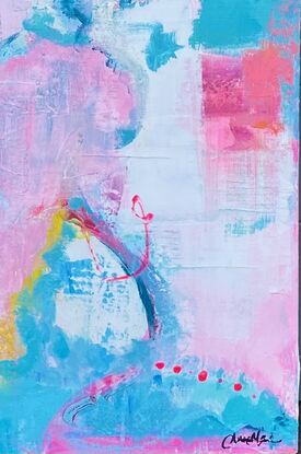 Shades of pink, coral and blues play on the canvas.  A textured, layered artwork.