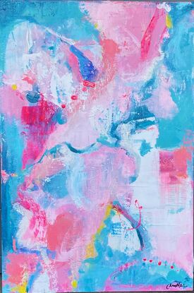 Shades of pink, coral and blues play on the canvas.  A textured, layered artwork.