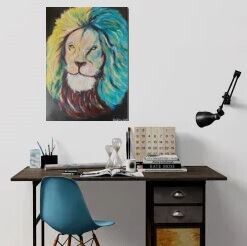 The head of a Lion with a quiet gaze of inner strength. Depicting loyalty, strength and resilience. Vibrant colours used for the free flowing mane. Black background.