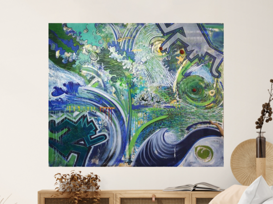 Large acrylic abstract painting referencing Climate Change and natural disasters