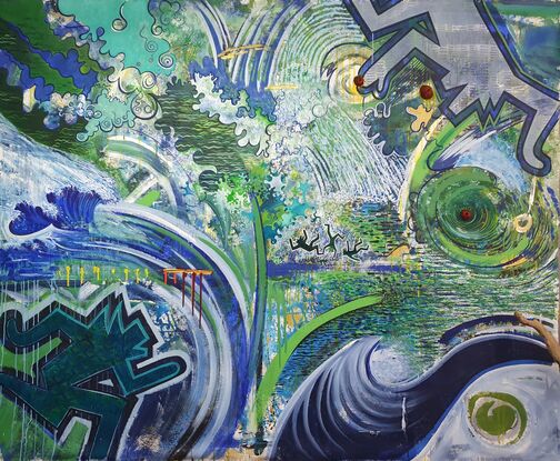 Large acrylic abstract painting referencing Climate Change and natural disasters