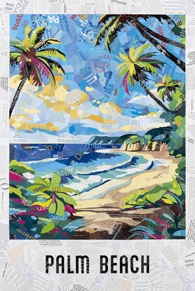 A magazine collage of Palm Beach NSW, highlighting its beach and palm trees.