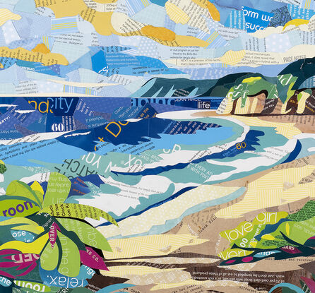 A magazine collage of Palm Beach NSW, highlighting its beach and palm trees.