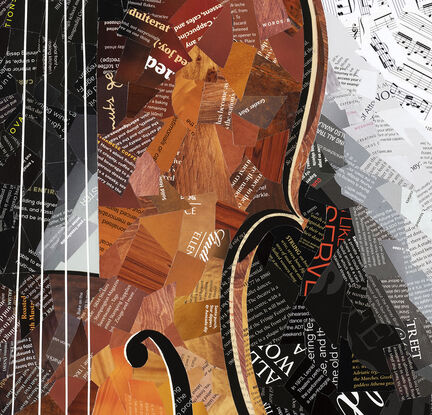 A collage of the musical instrument Cello made from magazines and sheet music.