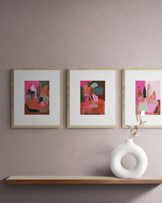 One of a series of five small works on paper. For the lovers of fleuro pink amongst a simple design of potted flowers……….this series was a joy to create and would brighten any space in the interior. I have displayed this series in various combinations, price is for ONE artwork only…….enjoy.