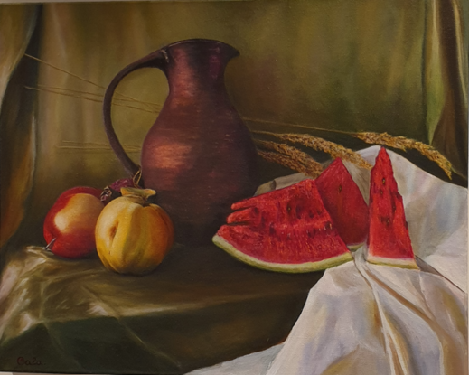 Jug, watermelon and fruits. 