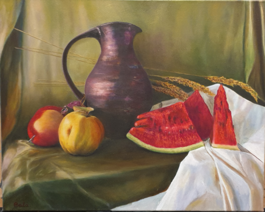 Jug, watermelon and fruits. 