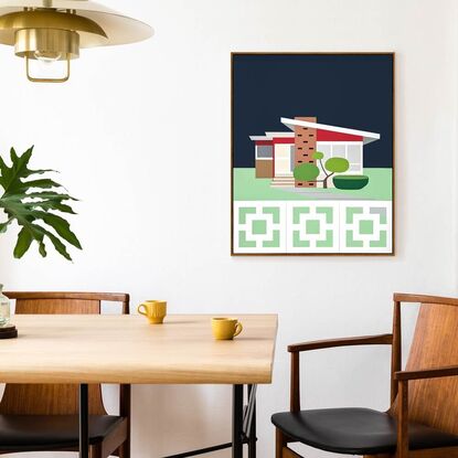 Graphic style mid century home and garden with breeze blocks