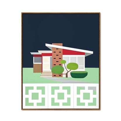 Graphic style mid century home and garden with breeze blocks