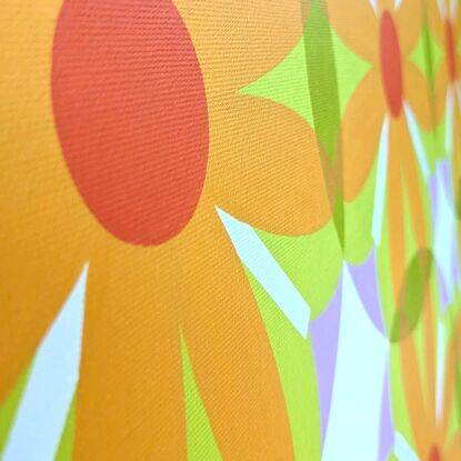 Retro geometric  flowers in purple and orange  overlayed in a repeat pattern on lemon