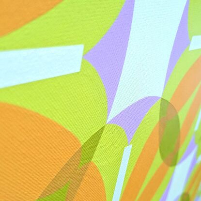 Retro geometric  flowers in purple and orange  overlayed in a repeat pattern on lemon