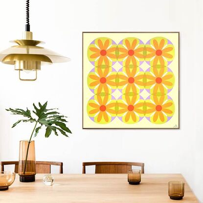 Retro geometric  flowers in purple and orange  overlayed in a repeat pattern on lemon