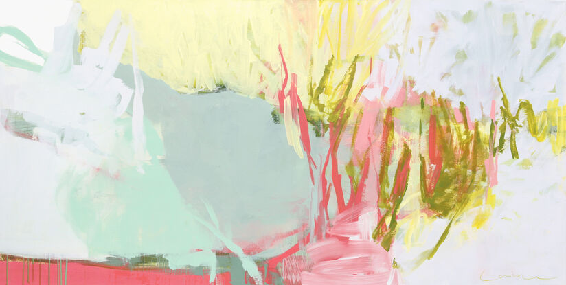 Yellow pink and green expressive brushstrokes depicting the energy of flora