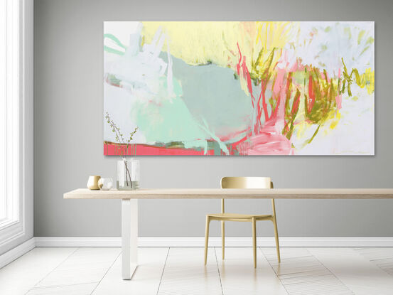 Yellow pink and green expressive brushstrokes depicting the energy of flora