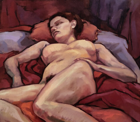 Oil painting on canvas of a reclining female nude, painted from life. She is relaxing on maroon and mauve colored fabrics, with one hand resting on her hip. It is a foreshortened view from the knees up to the head. Her head is resting on a red colored cushion. It is finished off with a gloss varnish.